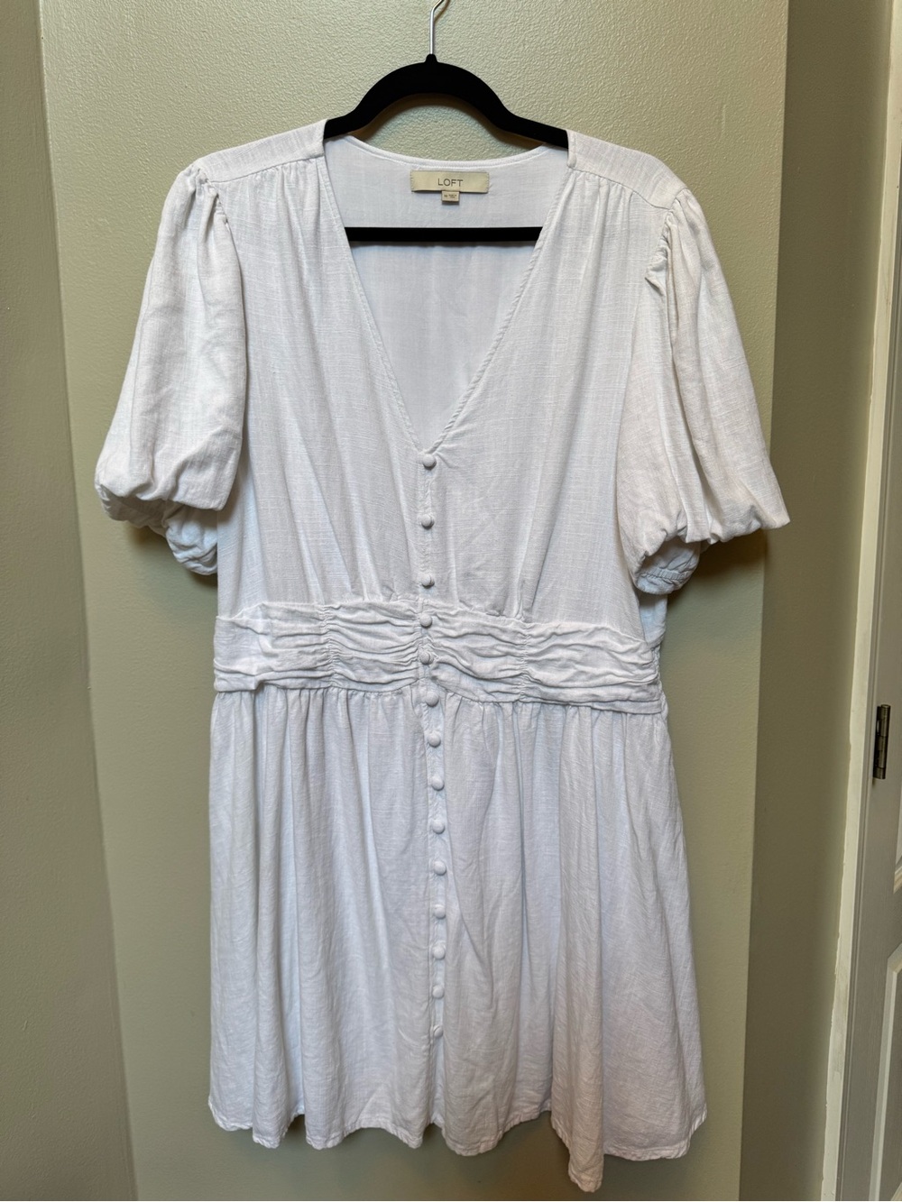 LOFT White Puff-Sleeve Button-Front Mini Dress